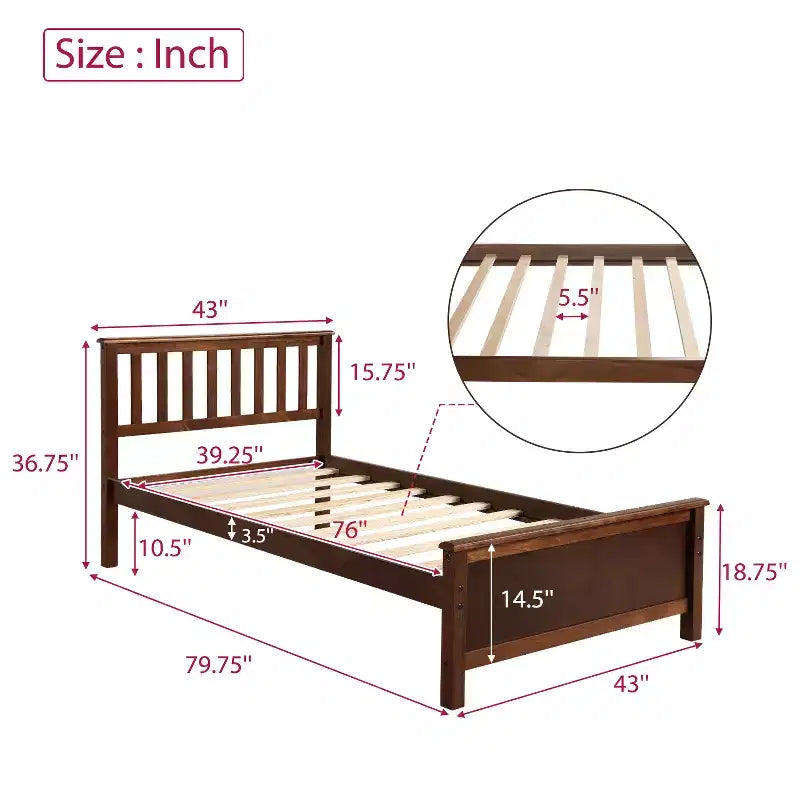 Twin Size Wood Platform Bed with Headboard, Footboard and Wood Slat Support, Walnut
