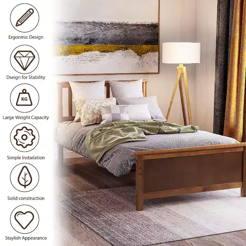Twin Size Wood Platform Bed with Headboard, Footboard and Wood Slat Support, Walnut
