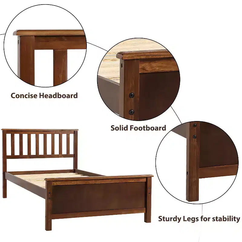 Twin Size Wood Platform Bed with Headboard, Footboard and Wood Slat Support, Walnut