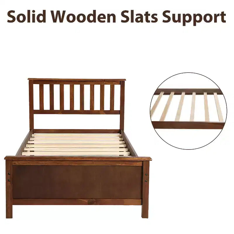 Twin Size Wood Platform Bed with Headboard, Footboard and Wood Slat Support, Walnut