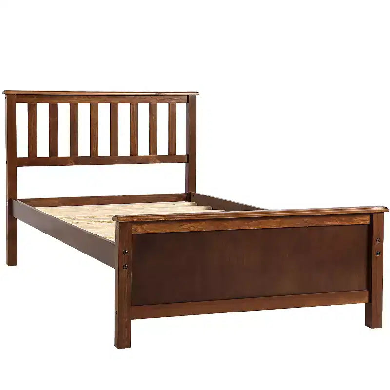 Twin Size Wood Platform Bed with Headboard, Footboard and Wood Slat Support, Walnut
