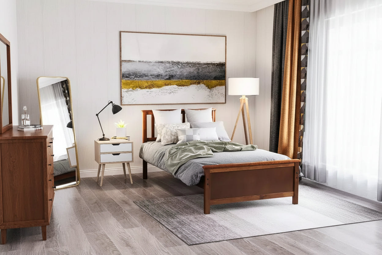 Twin Size Wood Platform Bed with Headboard, Footboard and Wood Slat Support, Walnut