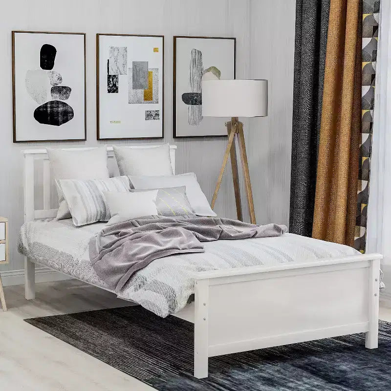 Twin Size Wood Platform Bed with Headboard, Footboard and Wood Slat Support, Walnut