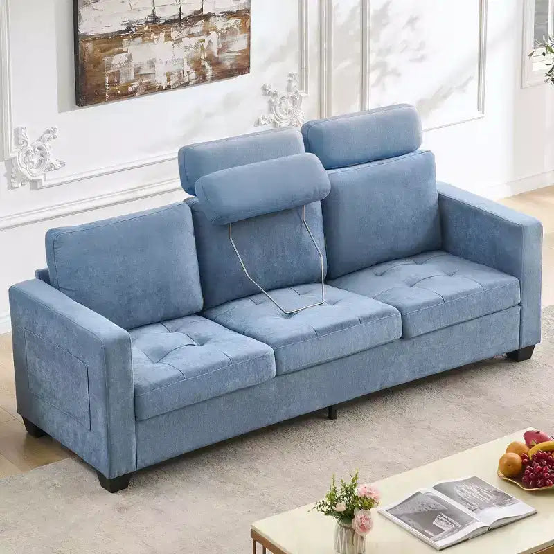 89Modern Comfy Sofa with Removable Headrests,Four Side Pockets, Chenille Fabric Upholstered ,for Living Room Bedroom Apartment Office