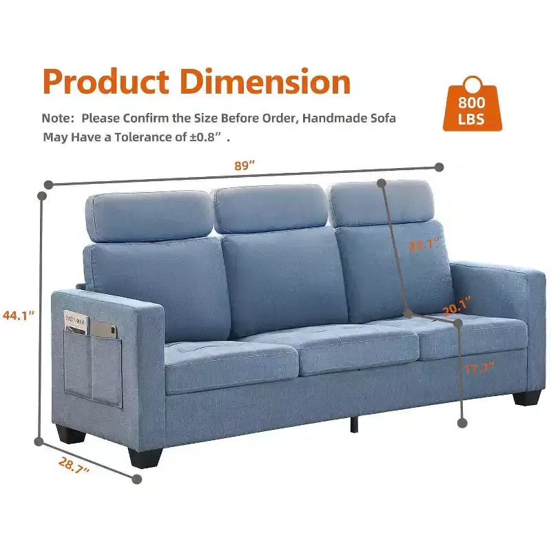 89" Modern Comfy Sofa with Removable Headrests & Side Pockets, Chenille Fabric