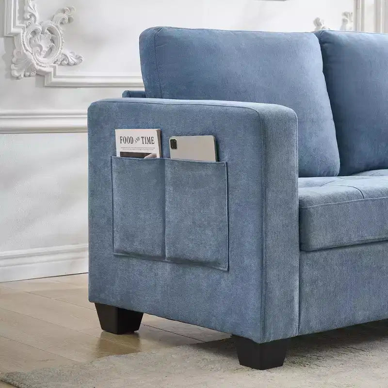 89" Modern Comfy Sofa with Removable Headrests & Side Pockets, Chenille Fabric