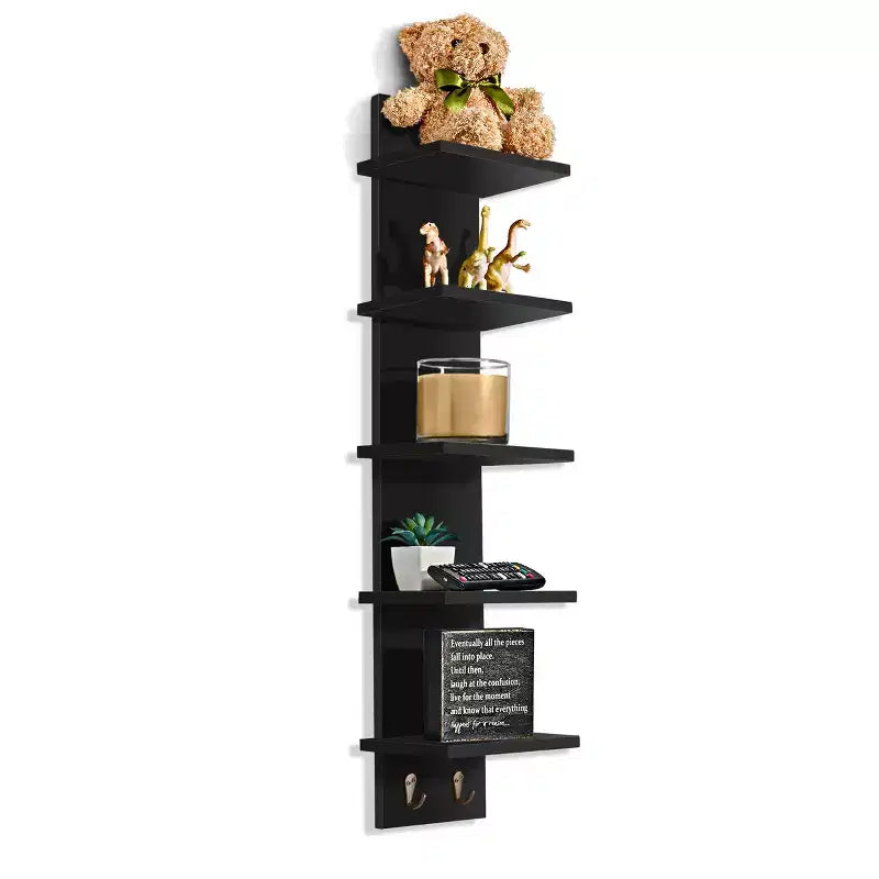 5-Tier Wall Mounted Floating Shelf Unit with Hooks, Home Decor Storage Organizer