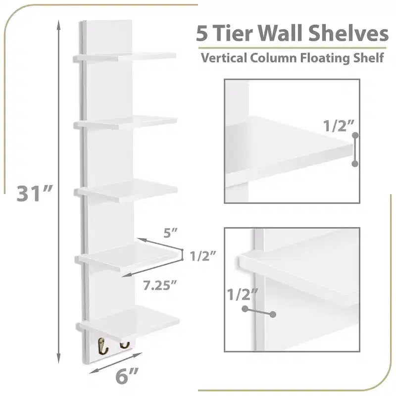 5-Tier Wall Mounted Floating Shelf Unit with Hooks, Home Decor Storage Organizer