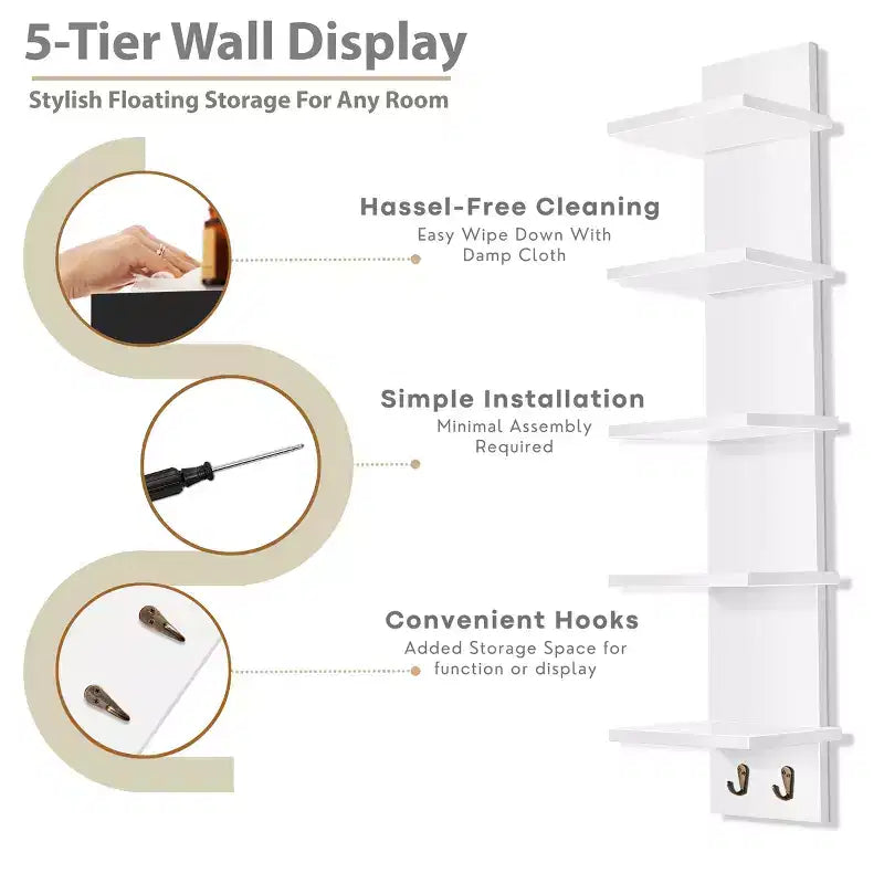 5-Tier Wall Mounted Floating Shelf Unit with Hooks, Home Decor Storage Organizer
