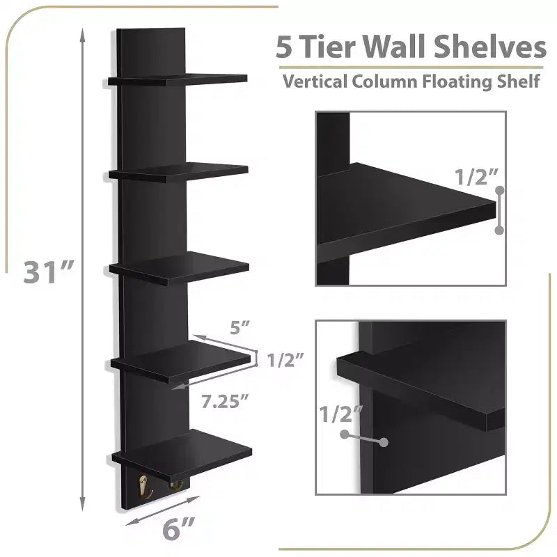 5-Tier Wall Mounted Floating Shelf Unit with Hooks, Home Decor Storage Organizer