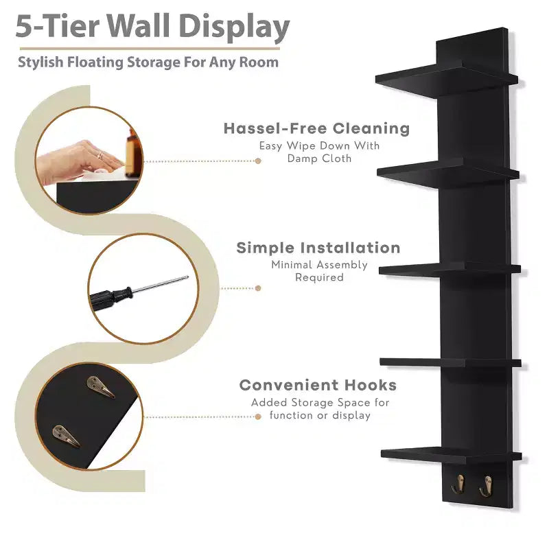 5-Tier Wall Mounted Floating Shelf Unit with Hooks, Home Decor Storage Organizer