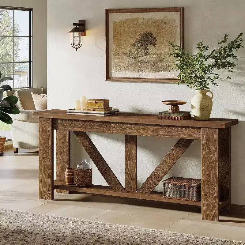 Lantine 2 Tiers Solid Wood Console Table, 70.9 Extra Long Entryway Table, Sofa Table Behind Couch for Living Room, Hallway, Foyer