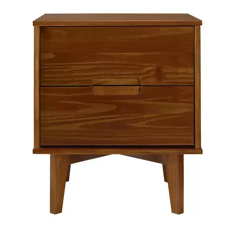 Mid-Century Modern 2-Drawer Solid Wood Nightstand with Cutout Handles, Walnut
