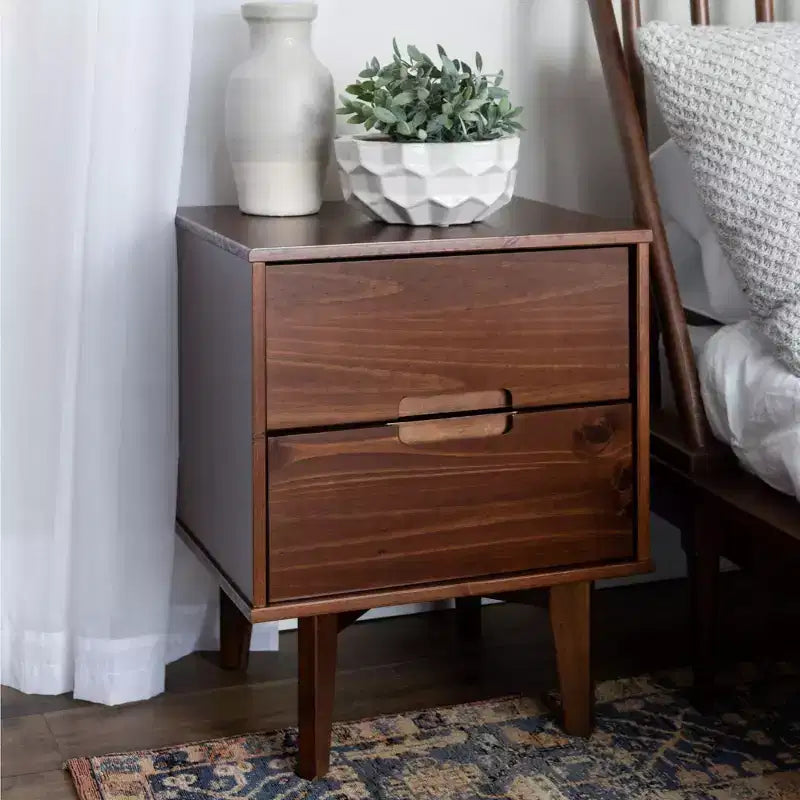 Mid-Century Modern 2-Drawer Solid Wood Nightstand with Cutout Handles, Walnut