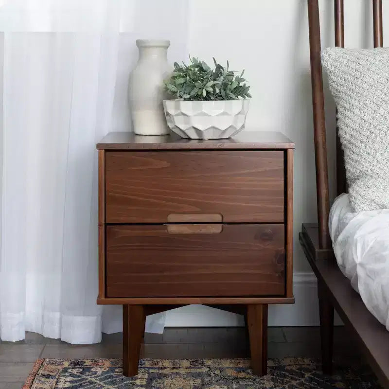 Mid-Century Modern 2-Drawer Solid Wood Nightstand with Cutout Handles, Walnut
