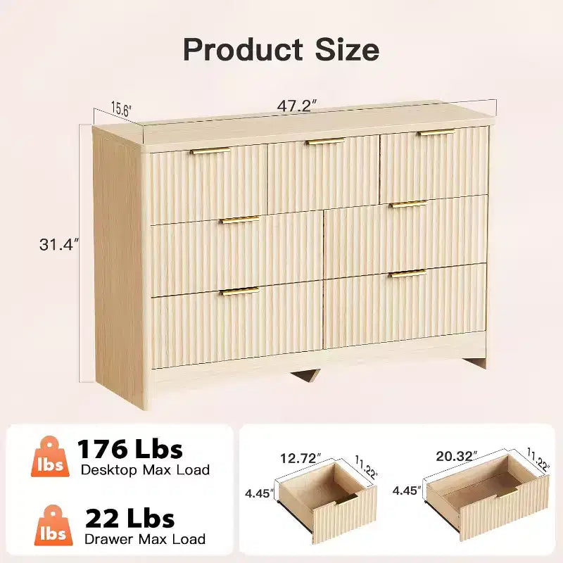 7 Drawers Dresser, Modern Wood Chest of Drawers, Dressers with Round Edge Design, Dresser TV Stand, Wood Drawer Organizer for Bedroom, Living Room
