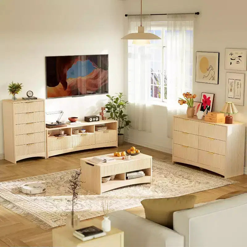 7 Drawers Dresser, Modern Wood Chest of Drawers, Dressers with Round Edge Design, Dresser TV Stand, Wood Drawer Organizer for Bedroom, Living Room