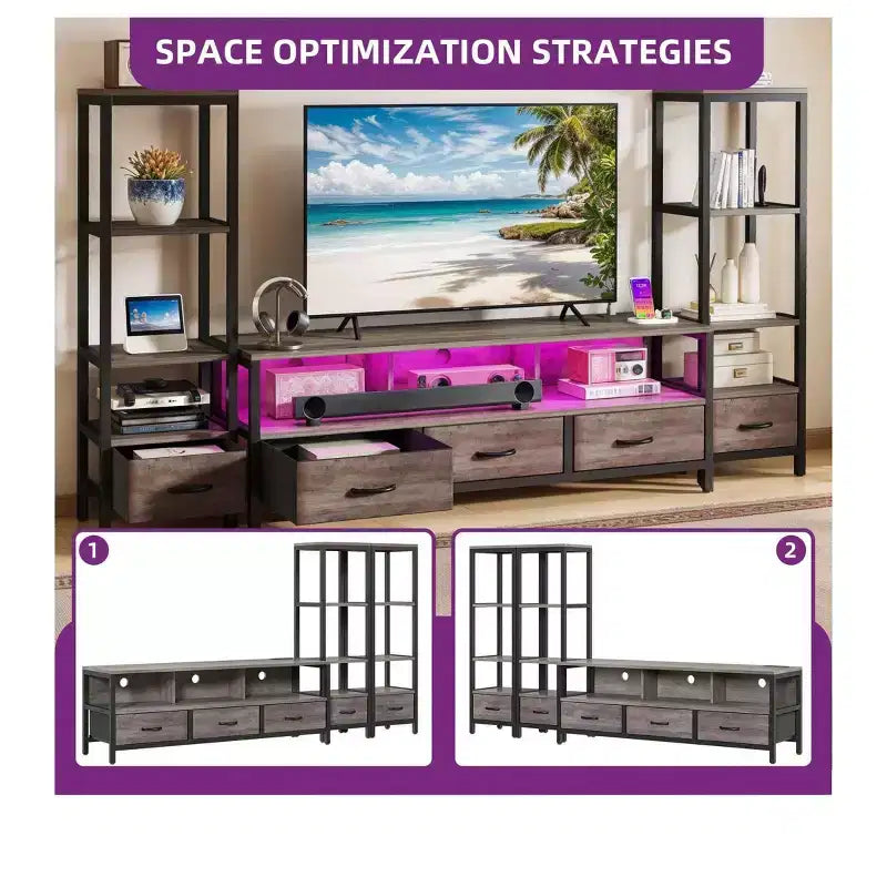 LED TV Stands for 65 inch TV ,Entertainment Center with 4-Tier Bookshelves & Power Outlets, TV Console Cabinet for Living Room