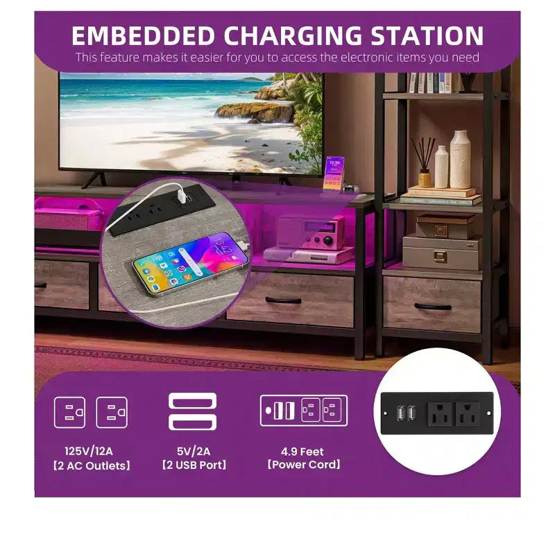 LED TV Stands for 65 inch TV ,Entertainment Center with 4-Tier Bookshelves & Power Outlets, TV Console Cabinet for Living Room