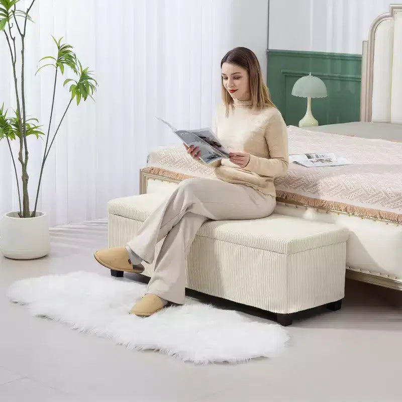 47 Inches Storage Ottoman Bench, Foot Rest with Legs, End of Bed Bench, Corduroy Storage Chest for Living Room