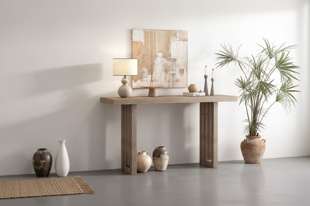 Clihome Modern Entryway Oak Veneer Console Table with Sculpted Sides, with Spacious Top for Living Room