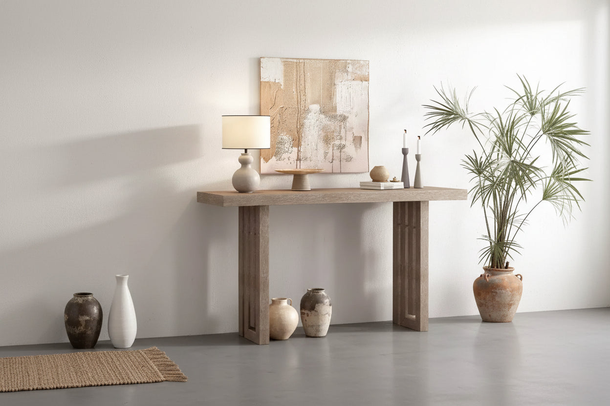 Clihome Modern Entryway Oak Veneer Console Table with Sculpted Sides, with Spacious Top for Living Room