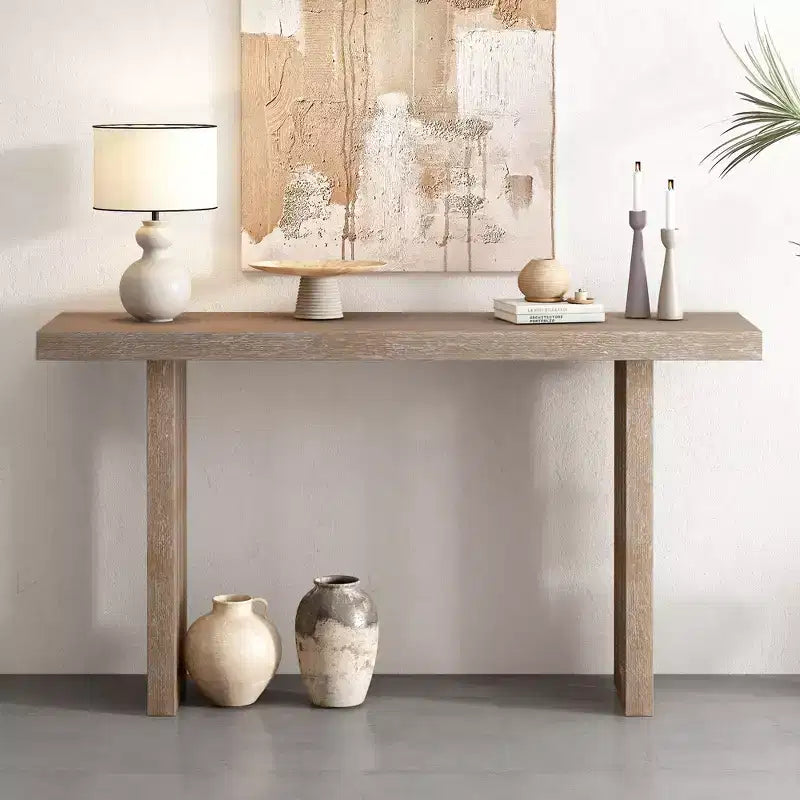 Modern Oak Veneer Console Table with Sculpted Sides, Spacious Entryway Top