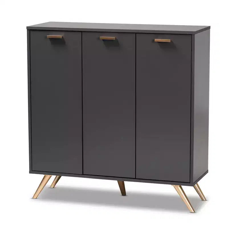 Kelson Wood 3 Door Cabinet Dark Gray/Gold - Baxton Studio: Entryway Organizer with 4 Shelves
