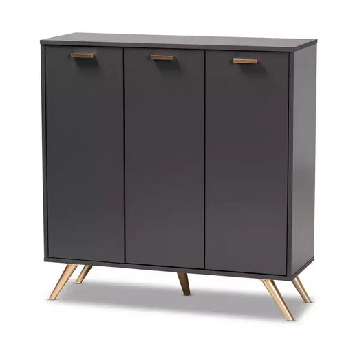 Kelson Wood 3 Door Cabinet Dark Gray/Gold - Baxton Studio: Entryway Organizer with 4 Shelves