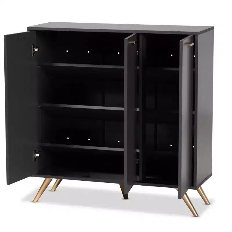 3-Door Entryway Cabinet with 4 Shelves, Dark Gray & Gold, Modern Organizer