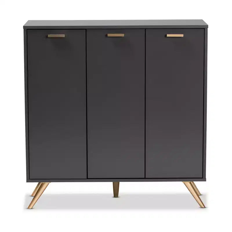 3-Door Entryway Cabinet with 4 Shelves, Dark Gray & Gold, Modern Organizer