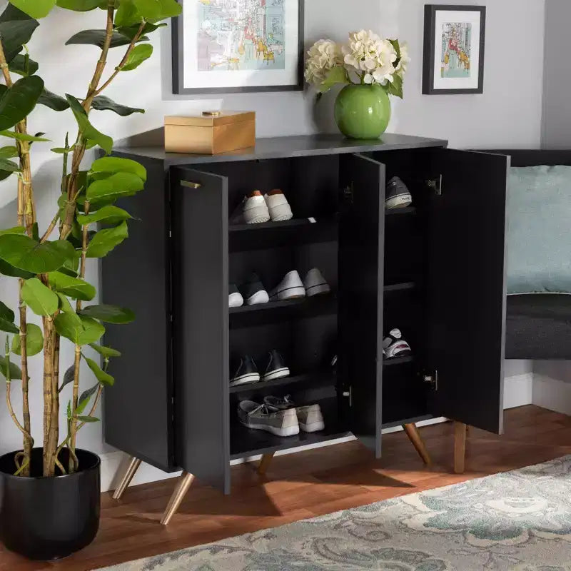 3-Door Entryway Cabinet with 4 Shelves, Dark Gray & Gold, Modern Organizer