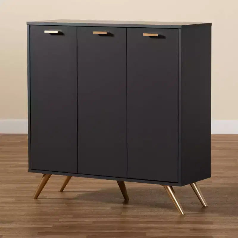 3-Door Entryway Cabinet with 4 Shelves, Dark Gray & Gold, Modern Organizer