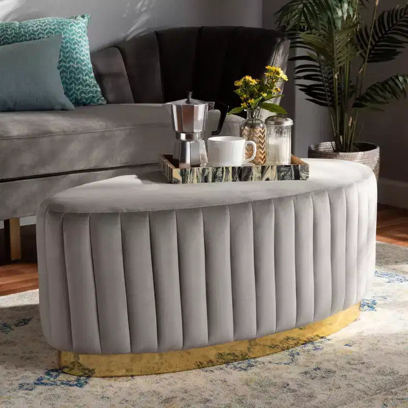 Kirana Velvet Fabric Upholstered and PU Leather Ottoman Gold - Baxton Studio