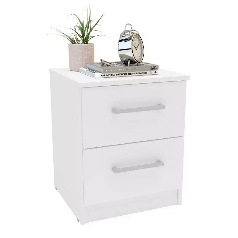 2-Drawer Nightstand, White Melamine Finish, Compact Bedside Table, 20"H