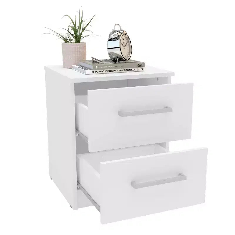 2-Drawer Nightstand, White Melamine Finish, Compact Bedside Table, 20"H