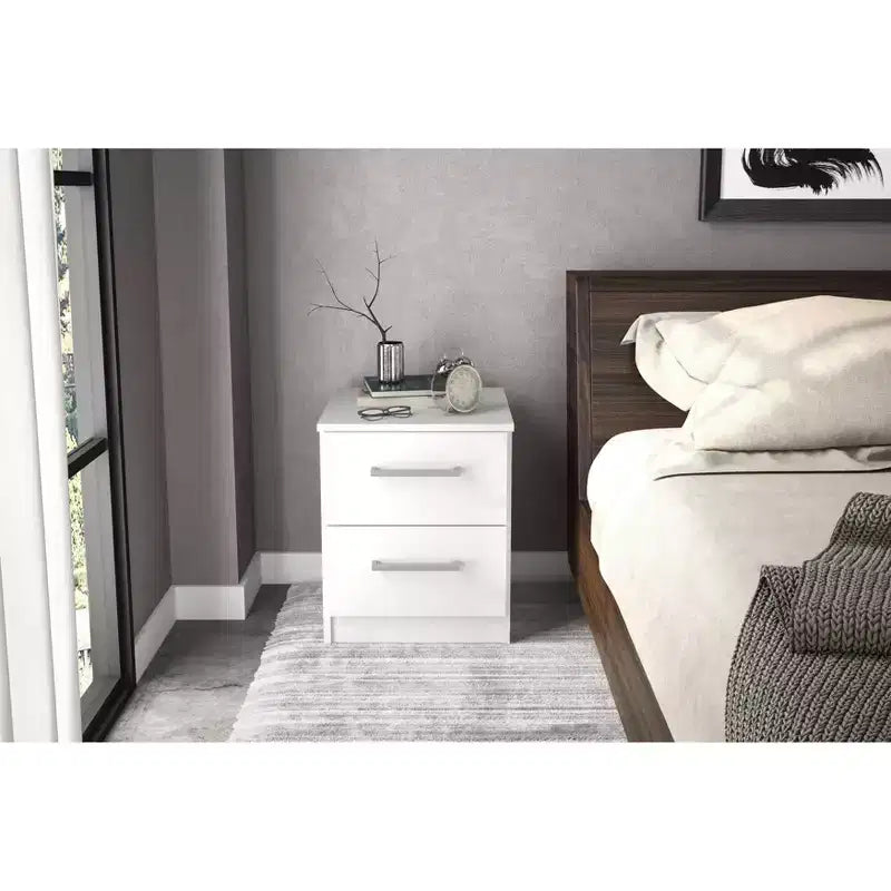 2-Drawer Nightstand, White Melamine Finish, Compact Bedside Table, 20"H