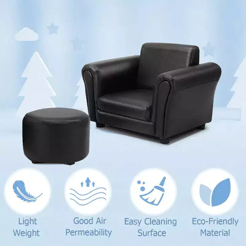 Kids Sofa Armrest Chair with Ottoman, Children's Toddler Couch, Black