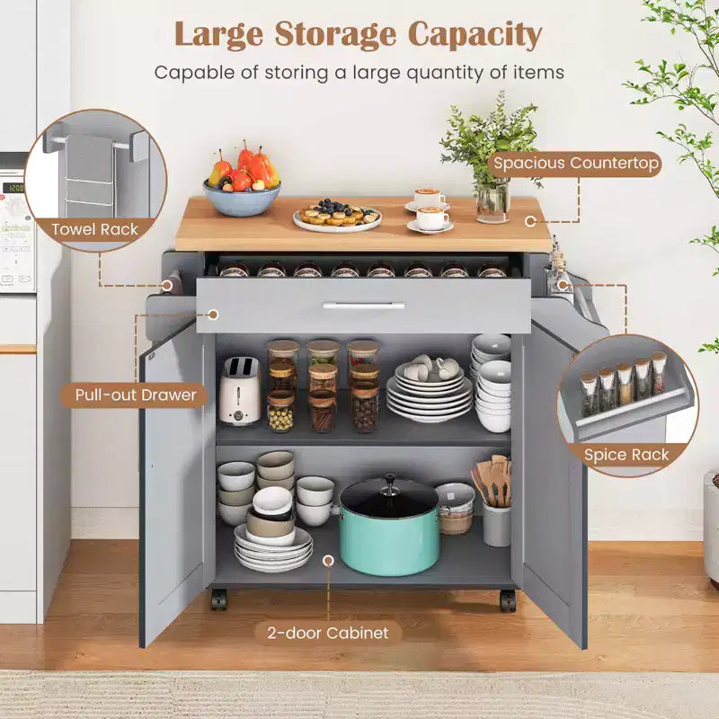 Isola da cucina con ruote e contenitore, porta asciugamani e portaspezie, multicolore