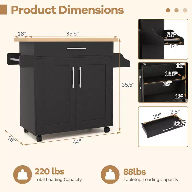 Rolling Kitchen Island Cart with Storage Cabinet, Towel & Spice Rack, Multi-Color