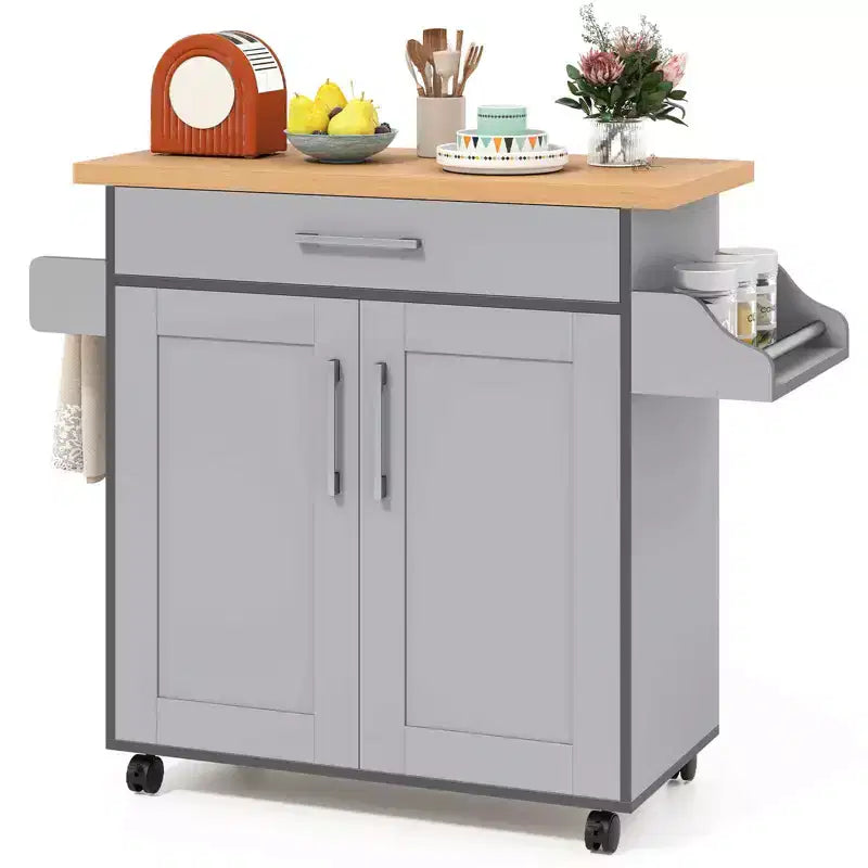 Rolling Kitchen Island Cart with Storage Cabinet, Towel & Spice Rack, Multi-Color