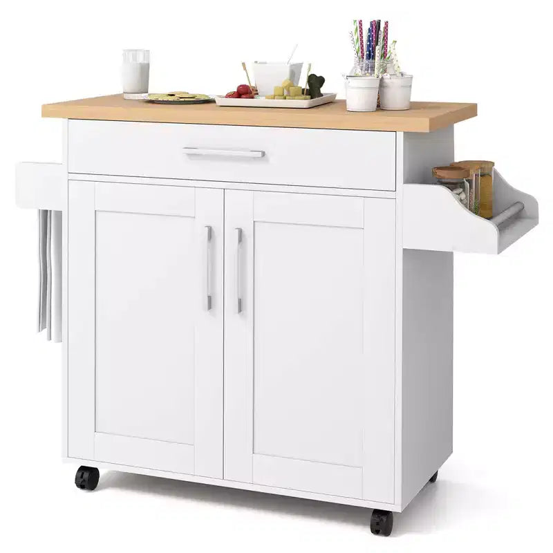Rolling Kitchen Island Cart with Storage Cabinet, Towel & Spice Rack, Multi-Color