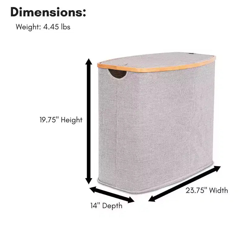 Divided Bamboo & Canvas Laundry Hamper, Grey, Dual-Section Sorter
