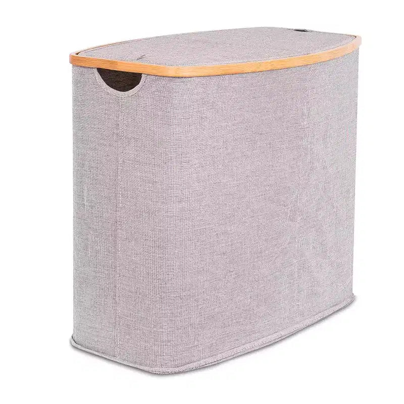 Divided Bamboo & Canvas Laundry Hamper, Grey, Dual-Section Sorter