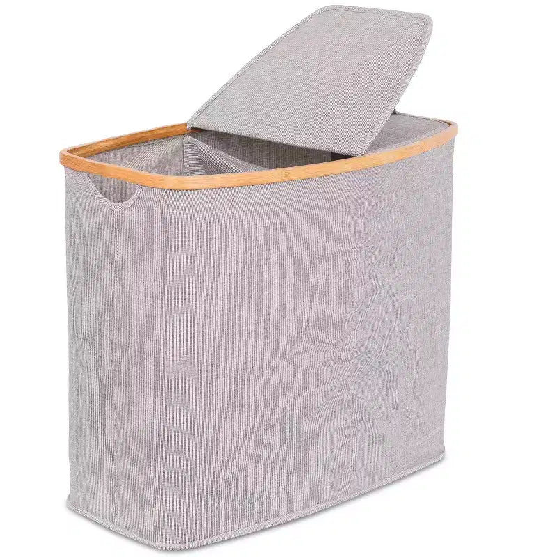 Divided Bamboo & Canvas Laundry Hamper, Grey, Dual-Section Sorter