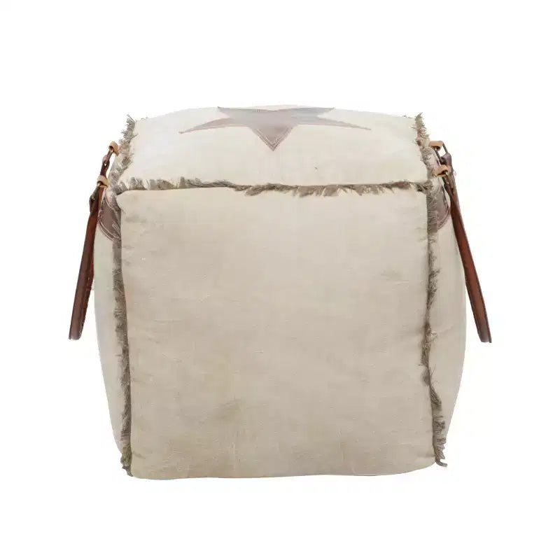 Rustikaler Fußhocker aus Leder und Canvas, Ottomanen-Hocker im Vintage-Stil