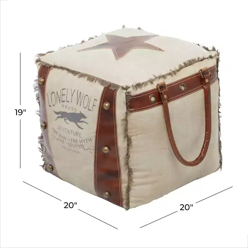 Rustikaler Fußhocker aus Leder und Canvas, Ottomanen-Hocker im Vintage-Stil