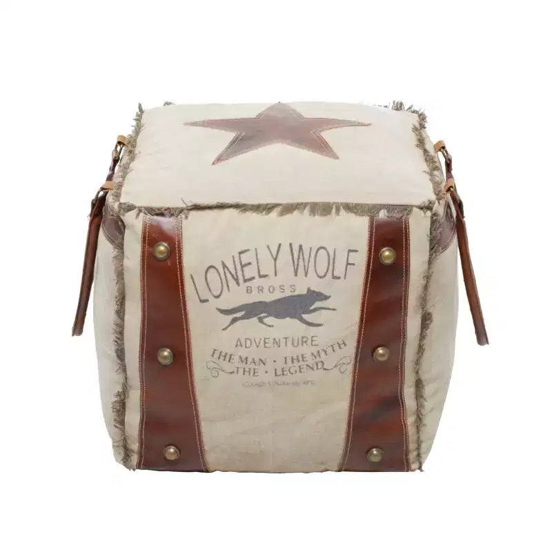 Rustic Leather & Canvas Foot Stool Ottoman, Vintage Style Accent Footrest