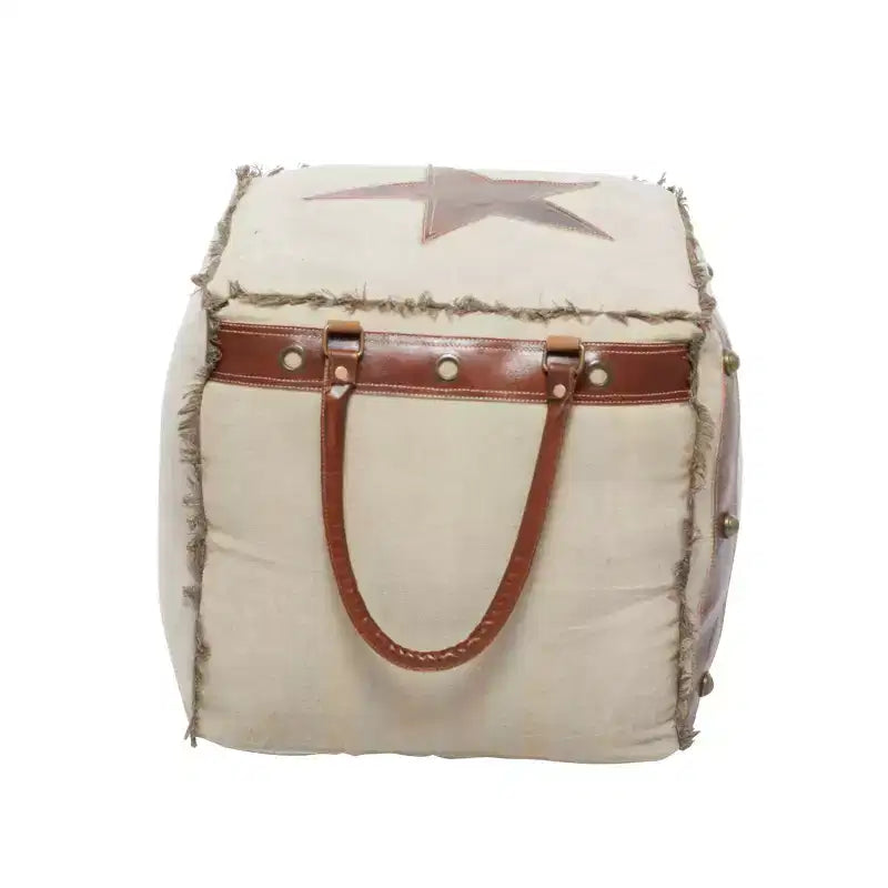Rustikaler Fußhocker aus Leder und Canvas, Ottomanen-Hocker im Vintage-Stil
