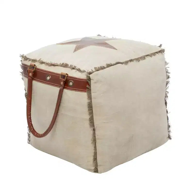 Rustic Leather & Canvas Foot Stool Ottoman, Vintage Style Accent Footrest